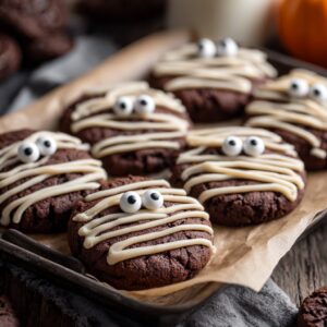 Halloween Mummy Cookies decorated with white chocolate bandages and candy eyes on a parchment-lined tray