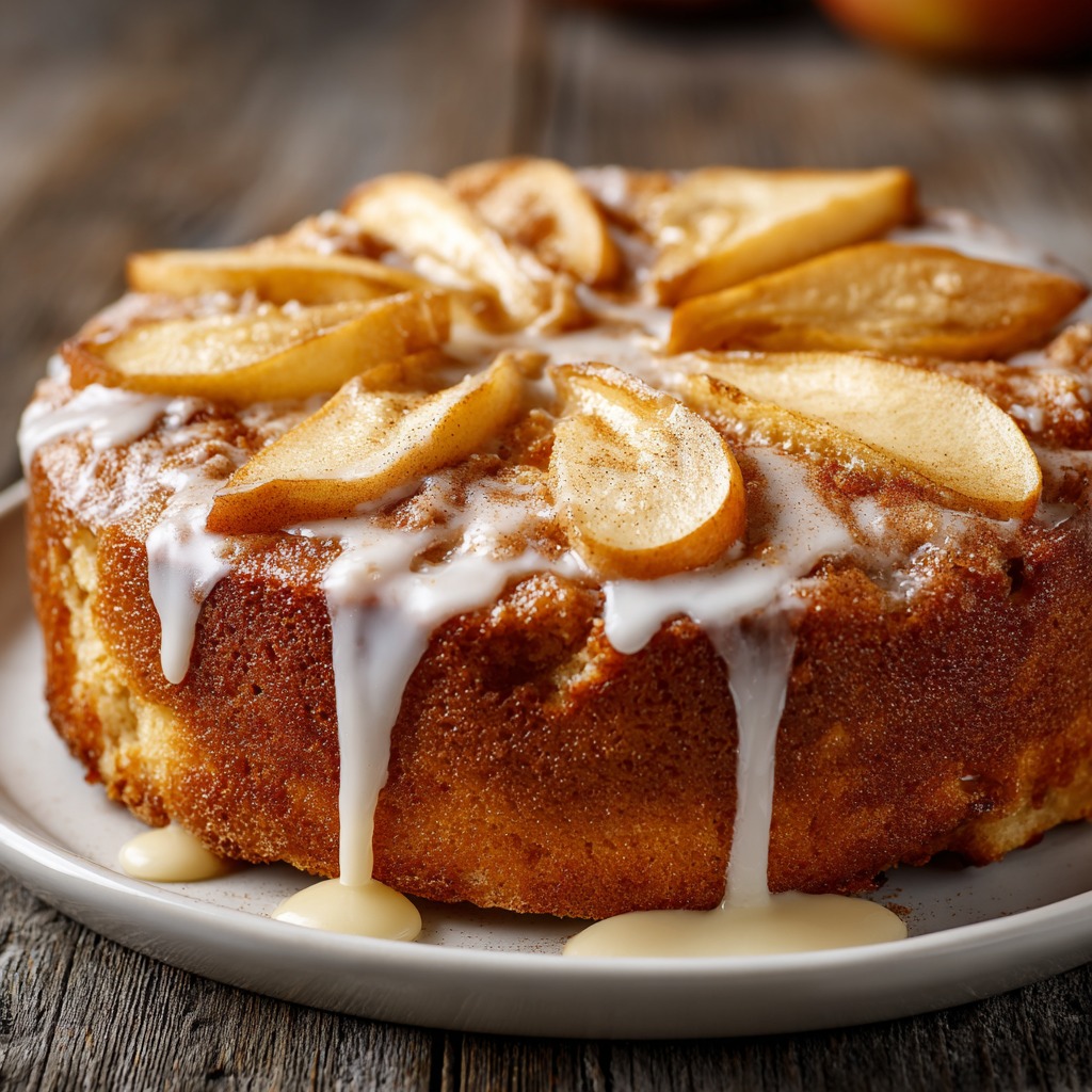 Glazed Cinnamon Apple Cake on a plate with sweet vanilla glaze drizzle