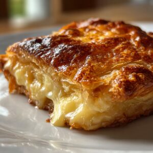Buttery Turkey & Cheese Croissant Melt on a wooden board with melted cheese and golden flaky croissants