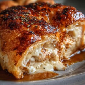 Buttery Turkey & Cheese Croissant Melt on a wooden board with melted cheese and golden flaky croissants