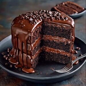 Triple Layer Chocolate Fudge Cake topped with glossy fudge frostin