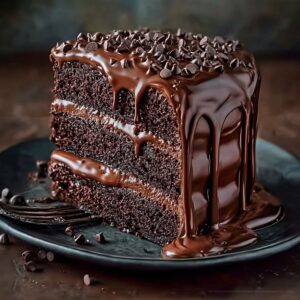 Triple Layer Chocolate Fudge Cake topped with glossy fudge frostin