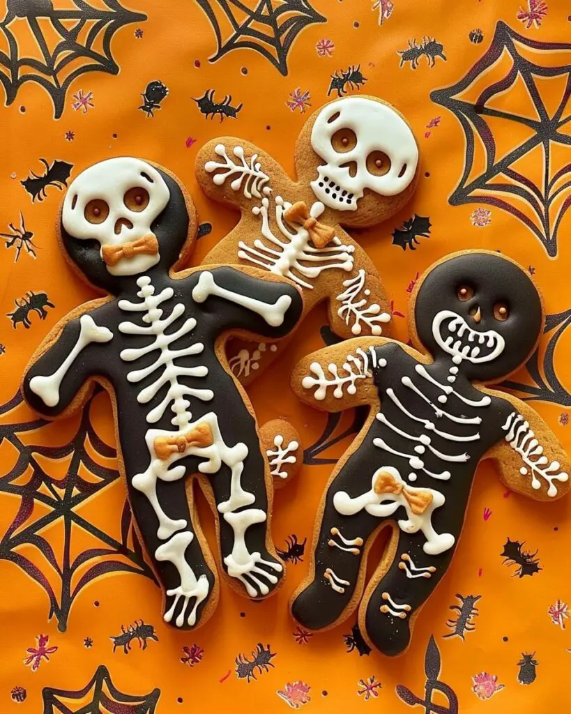 Spooky skeleton gingerbread cookies decorated with white icing bones for Halloween