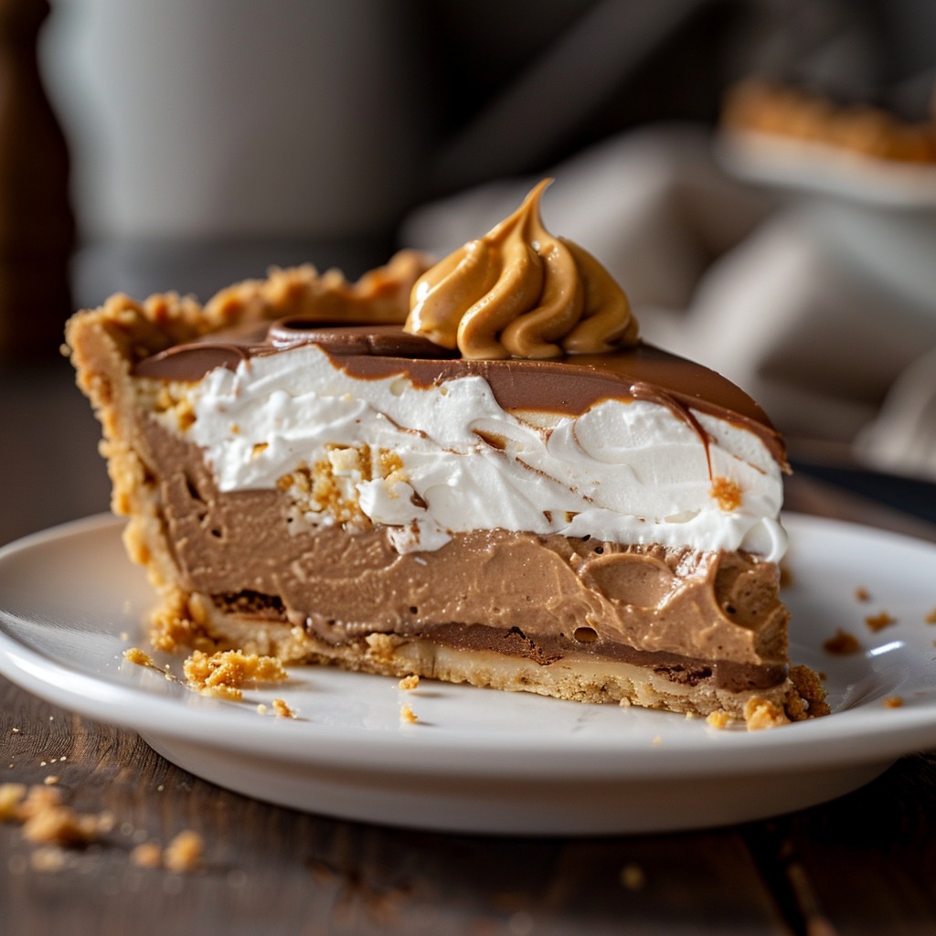 No-Bake Peanut Butter Chocolate Cream Pie topped with whipped cream and chocolate shavings in a cookie crust