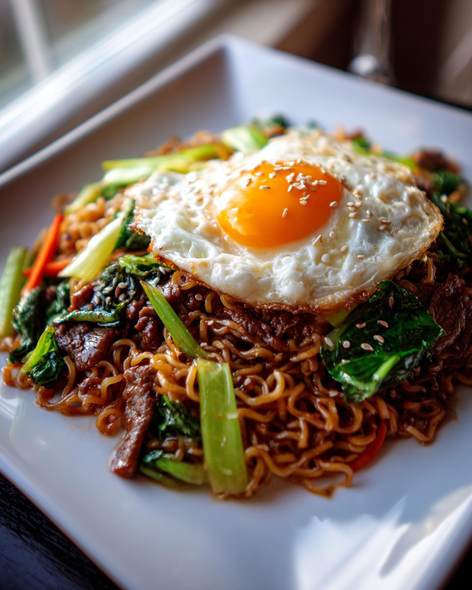 Close-up of a 3-Ingredient Ramen Stir-Fry with a fried egg and vegetables on a white plate.