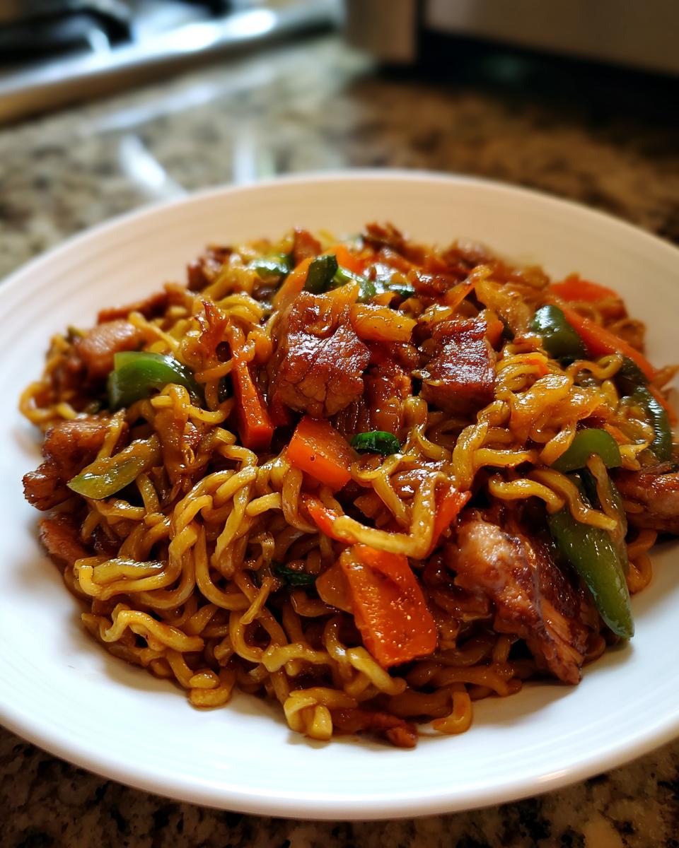 Close-up of a plate of 3-Ingredient Ramen Stir-Fry with vegetables and meat.