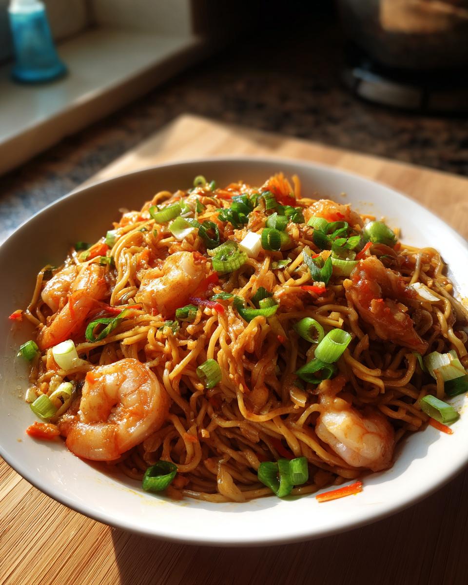 Close-up of a bowl of 3-Ingredient Ramen Stir-Fry with shrimp and green onions.