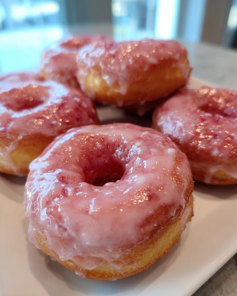 Close-up of air fryer mini donuts with vibrant strawberry glaze.