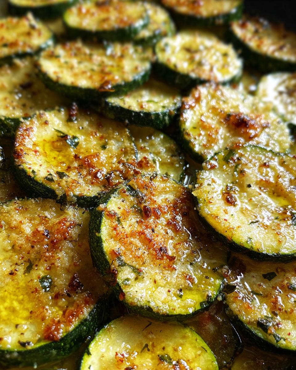 Close-up of golden brown Baked Parmesan Zucchini slices, showing texture and seasonings.