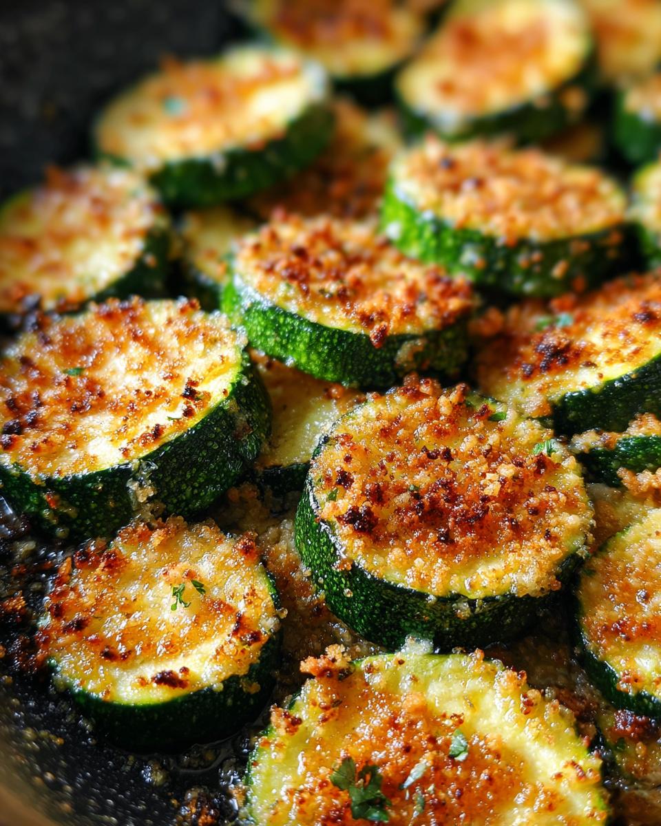 Close-up of golden-brown baked parmesan zucchini slices, a delicious and easy recipe.