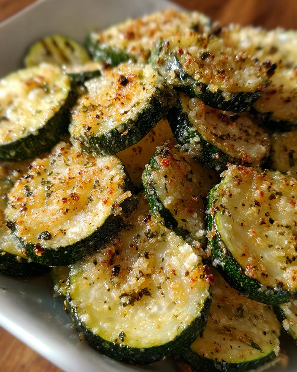 Close-up of crispy baked parmesan zucchini slices, a delicious and easy recipe.