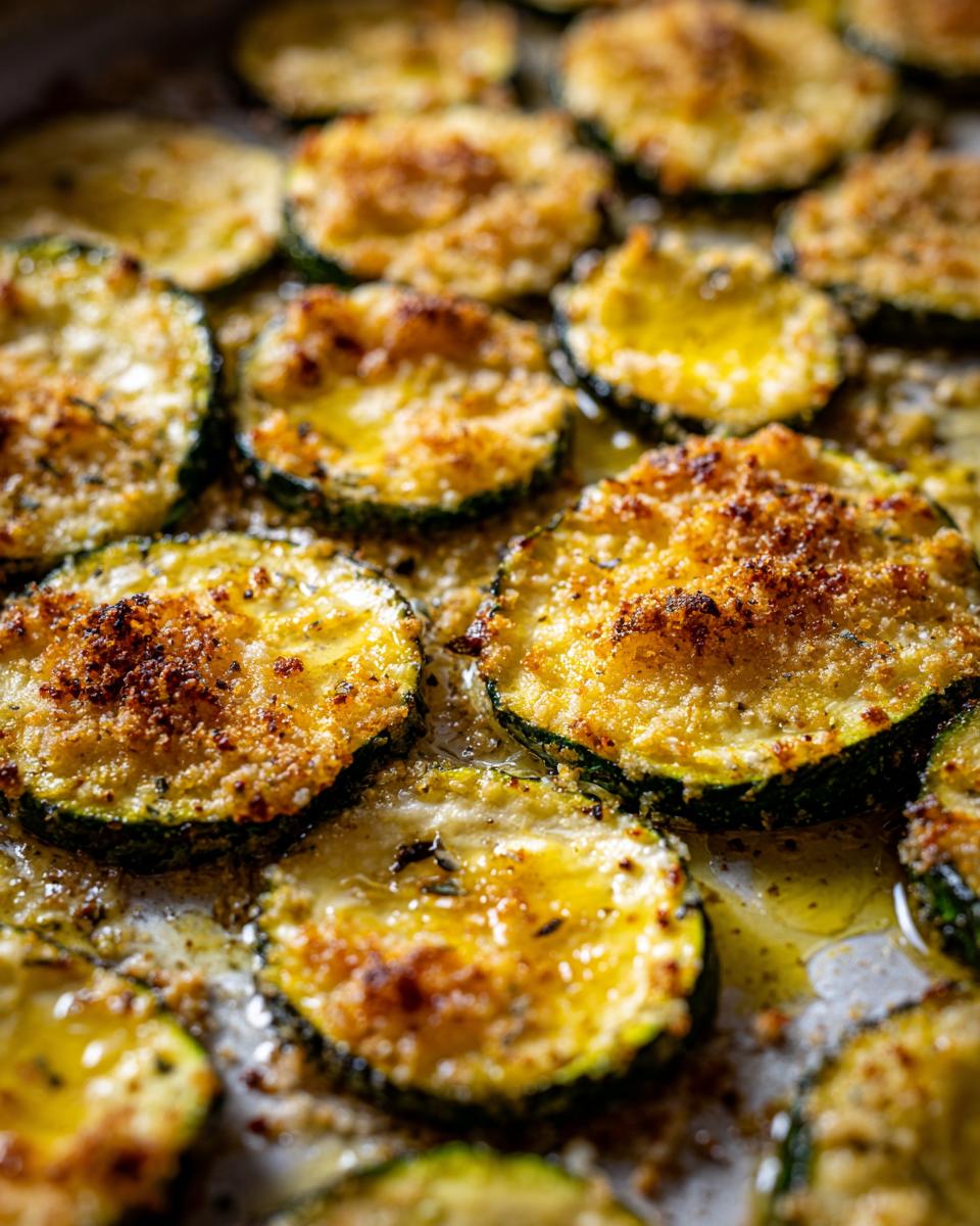 Close-up of baked Parmesan Zucchini slices on a baking sheet, golden and crispy.