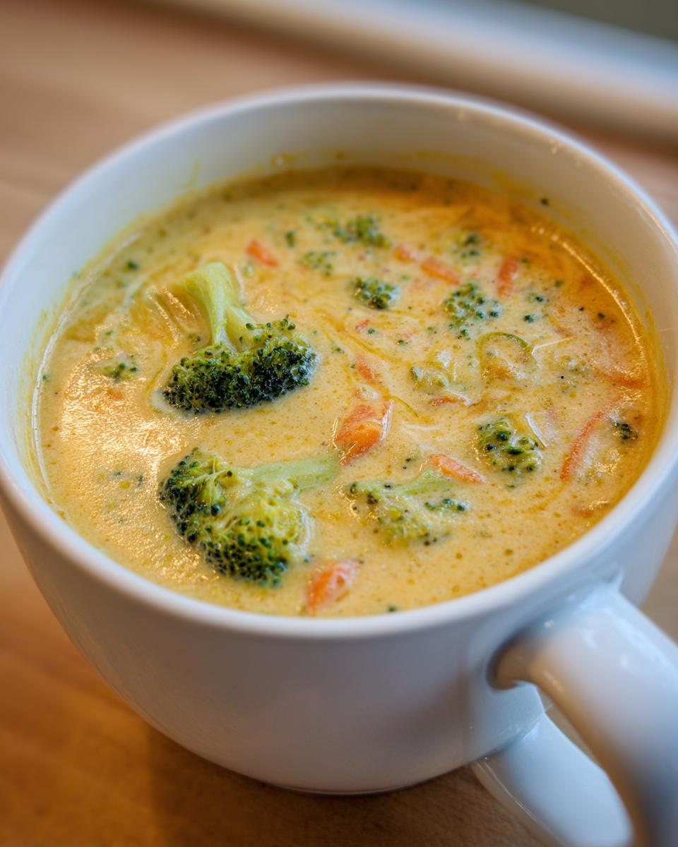Close-up of a bowl of creamy Broccoli Cheddar Soup, with visible broccoli florets and carrots.