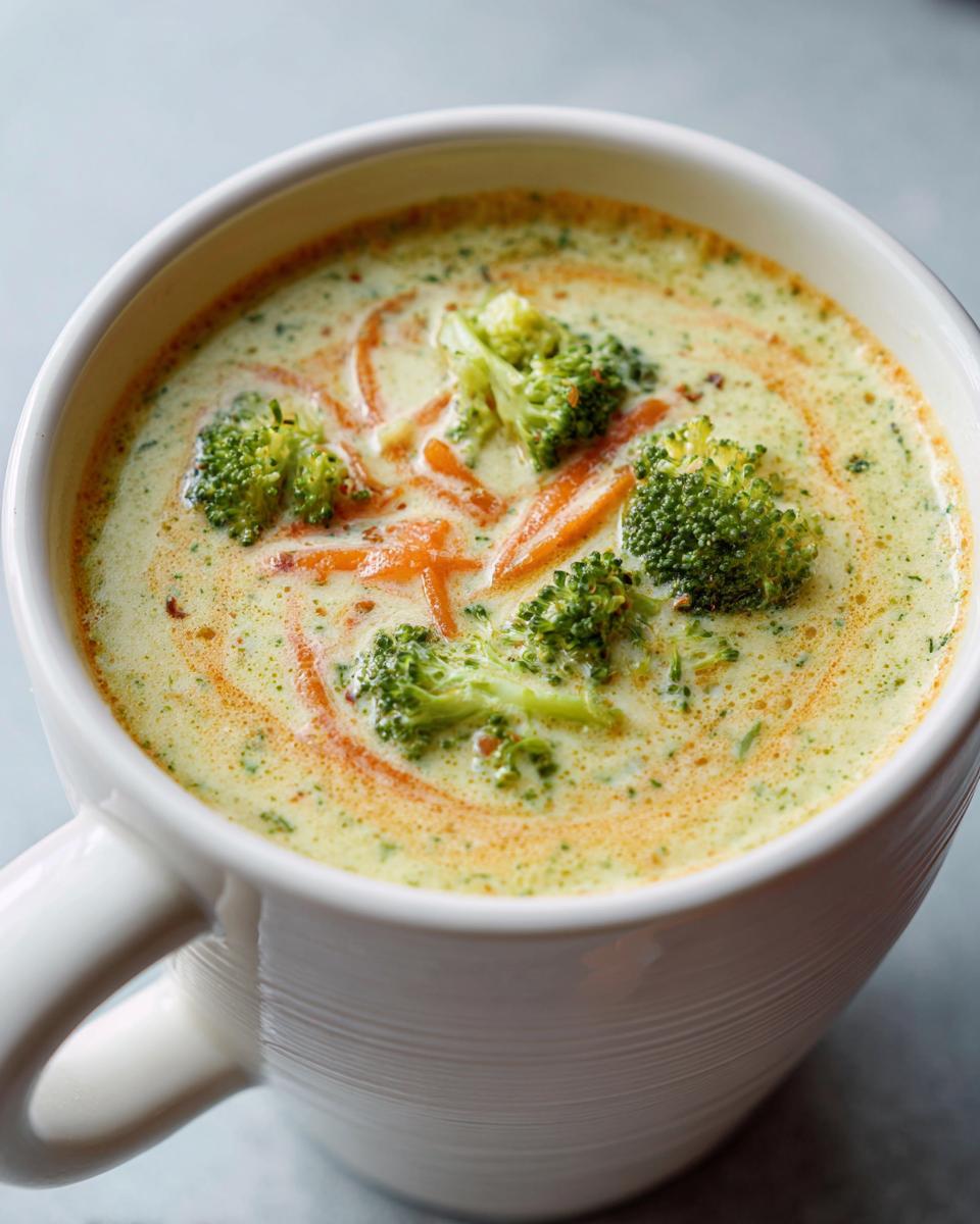 Close-up of a white mug filled with creamy Broccoli Cheddar Soup, garnished with broccoli florets and carrots.