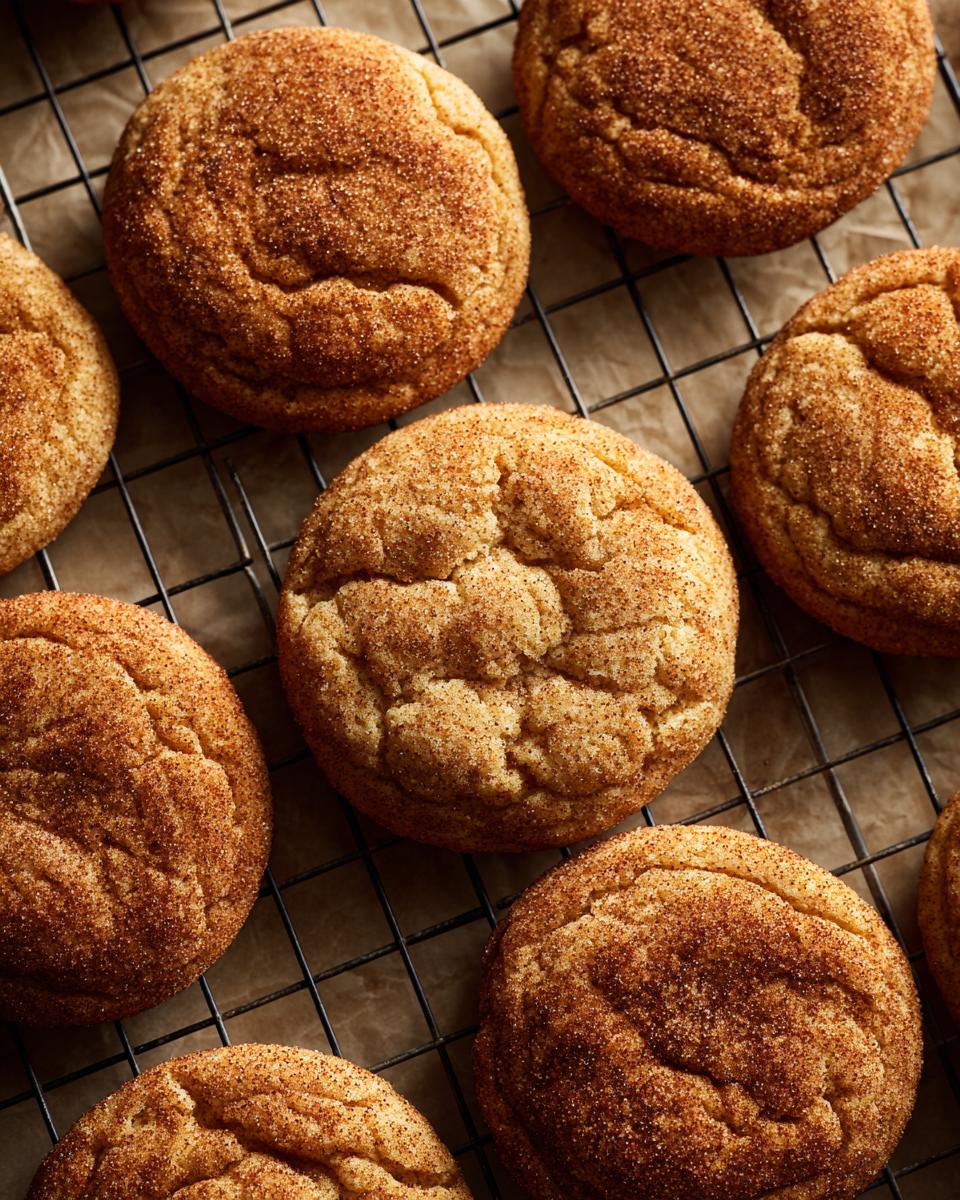 Overhead shot of freshly baked Brown Butter Snickerdoodle cookies cooling on a wire rack.