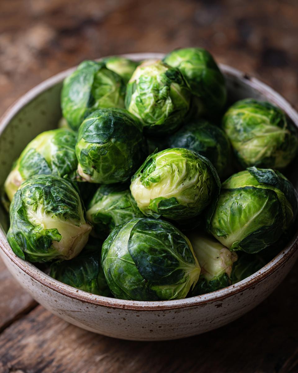 Close-up of fresh Brussels sprouts in a bowl, ready for the Brussels Sprouts with Bacon recipe.