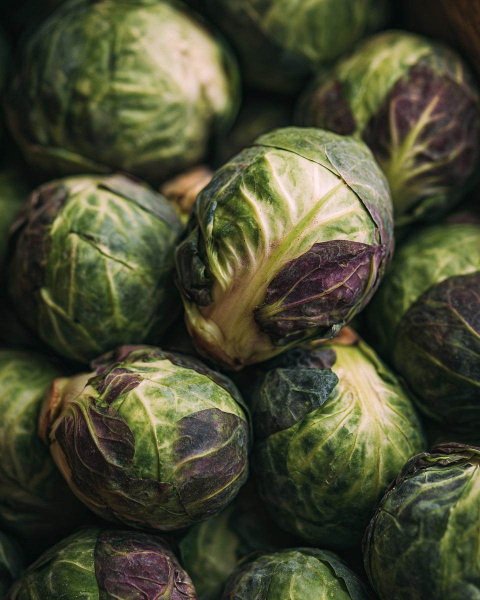 Close-up of fresh Brussels sprouts, ready to be cooked for Brussels Sprouts with Bacon.