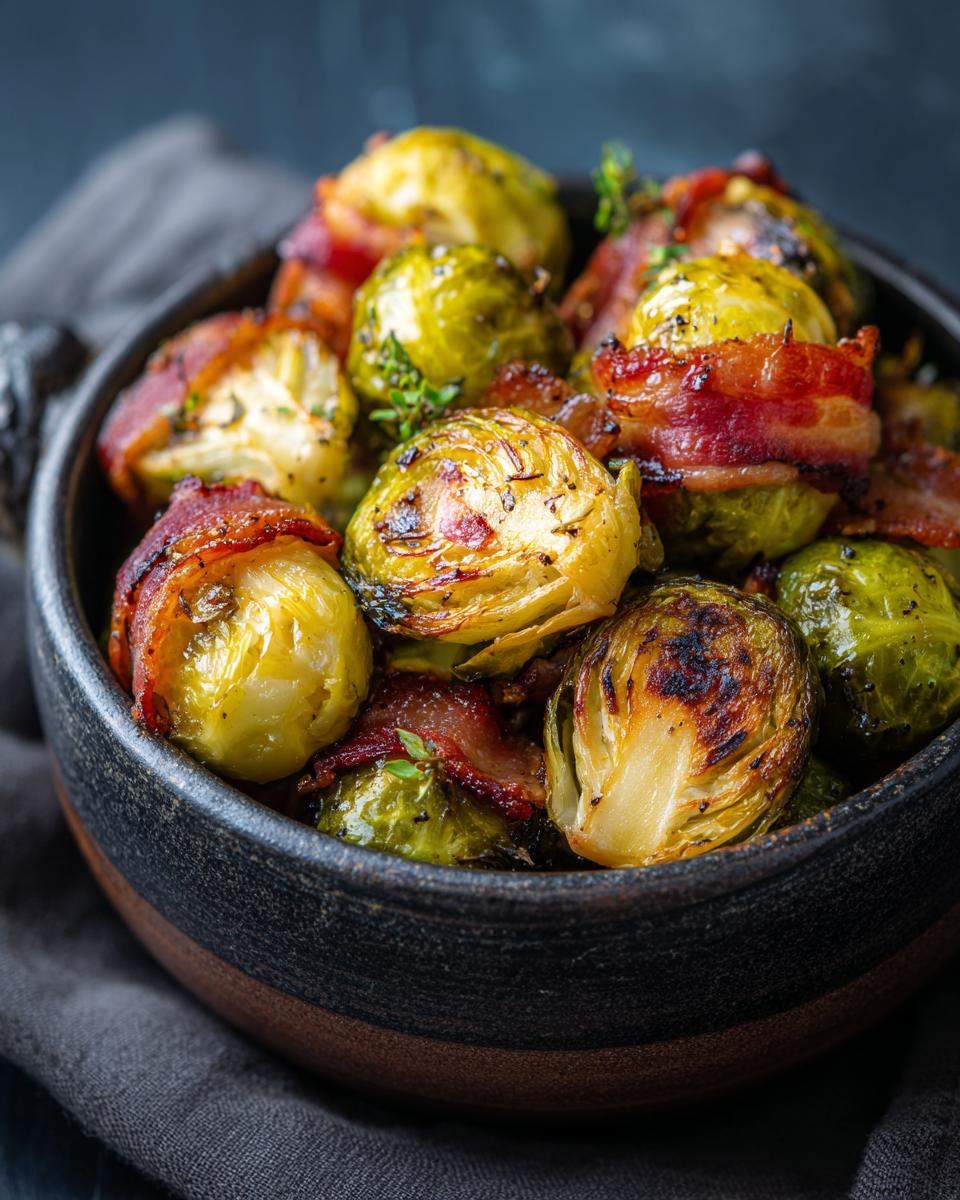Close-up of roasted Brussels Sprouts with Bacon in a dark bowl, ready to eat. The perfect Brussels Sprouts with Bacon recipe!