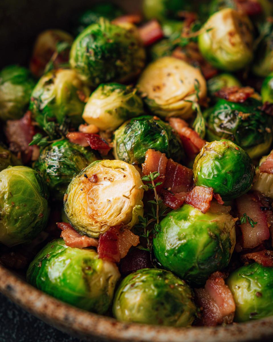 Close-up of roasted Brussels Sprouts with Bacon, showing crispy bacon and tender sprouts.