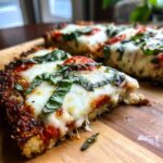 Close-up of a slice of Cauliflower Crust Margherita Flatbread with melted mozzarella, tomatoes, and basil.