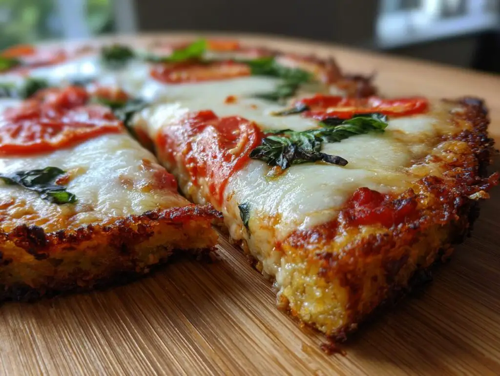 Close-up of a slice of Cauliflower Crust Margherita Flatbread with tomatoes, basil, and cheese.