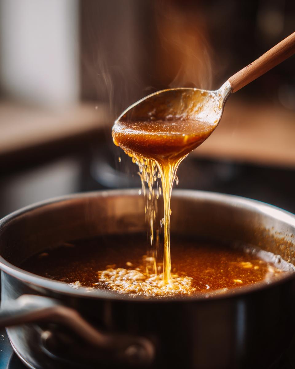 Close-up of Chicken & Rice Comfort Soup broth being ladled from a pot with a wooden spoon.
