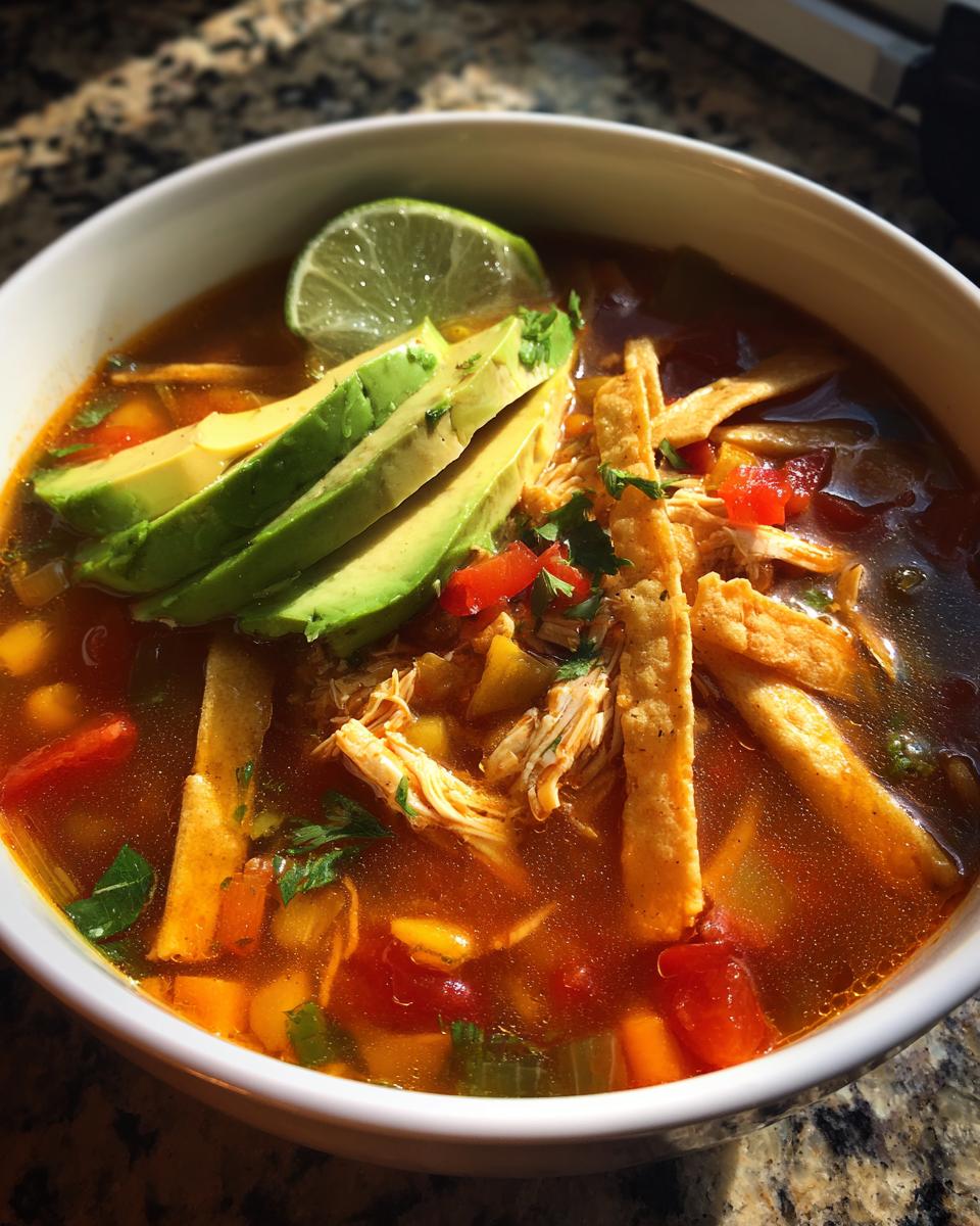 Close-up of a bowl of Chicken Tortilla Soup with avocado, lime, and tortilla strips.