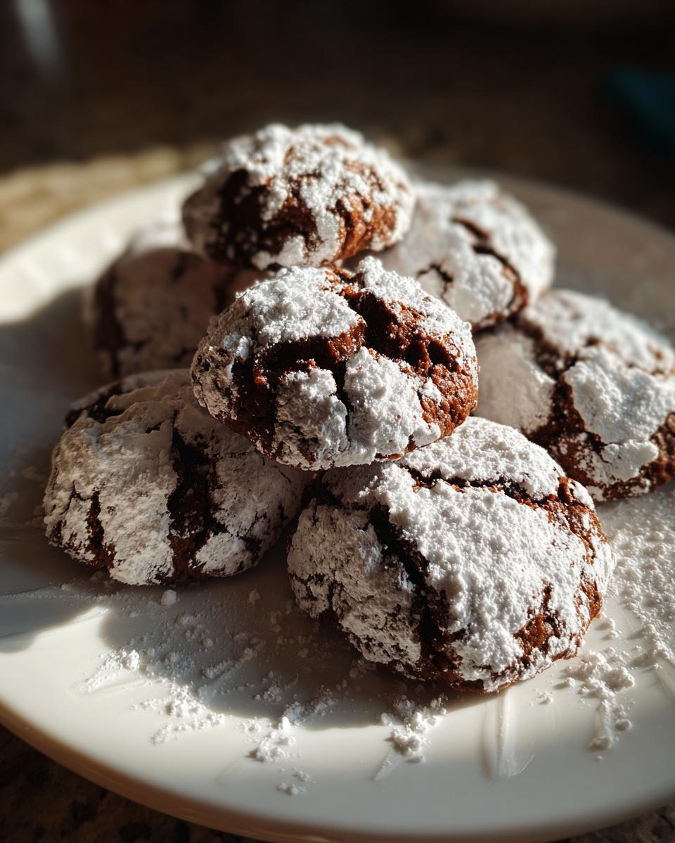 A stack of Chocolate Peppermint Snowball Cookies dusted with powdered sugar on a white plate.