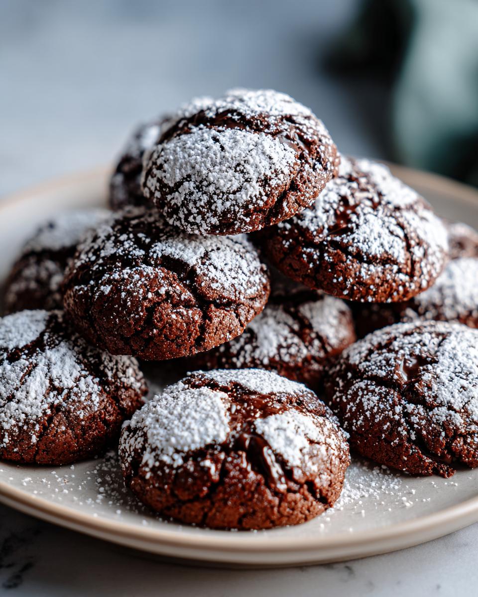 A stack of Chocolate Peppermint Snowball Cookies on a plate, dusted with powdered sugar.