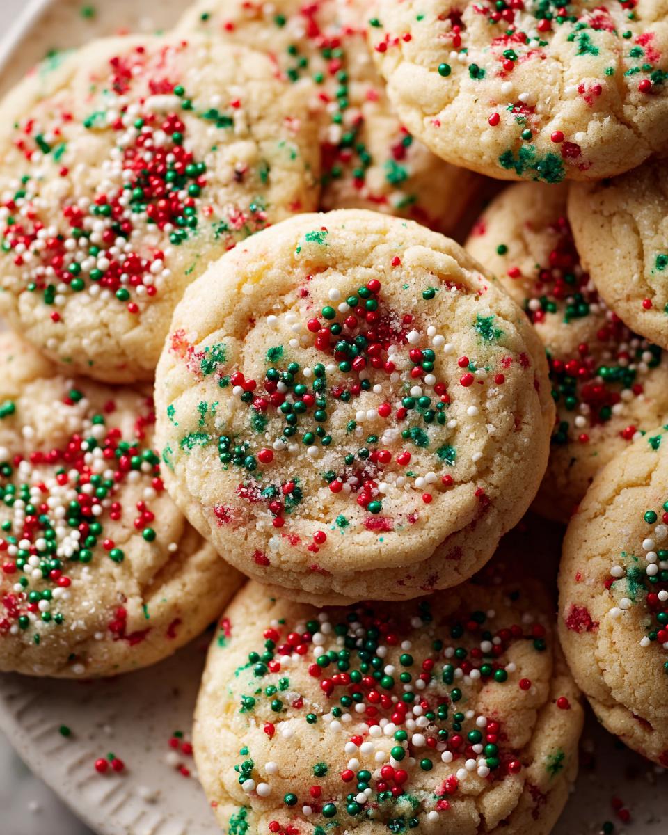 Close-up of Christmas Funfetti Cake Mix Cookies with red, green, and white sprinkles.