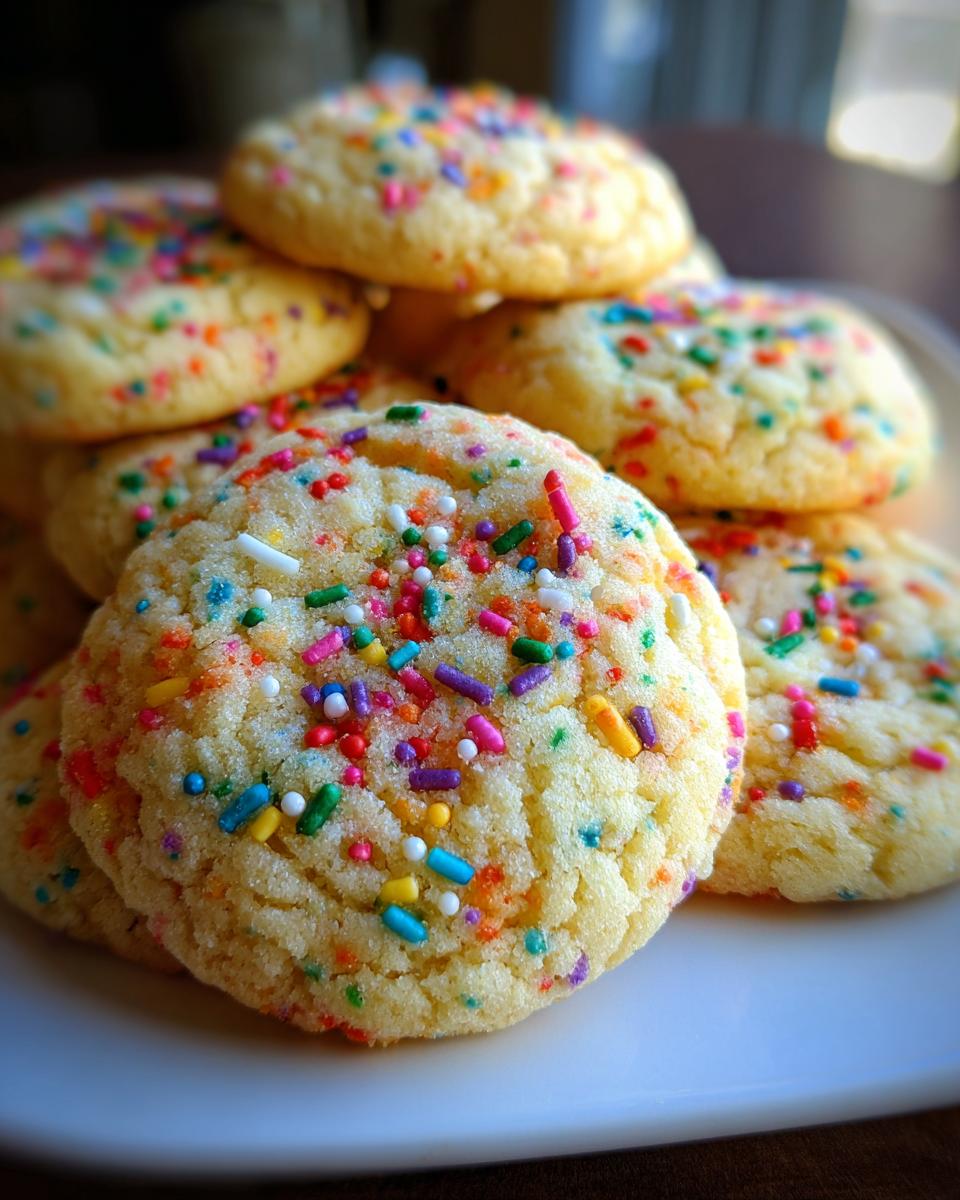 Close-up of a stack of Christmas Funfetti Cake Mix Cookies with colorful sprinkles.