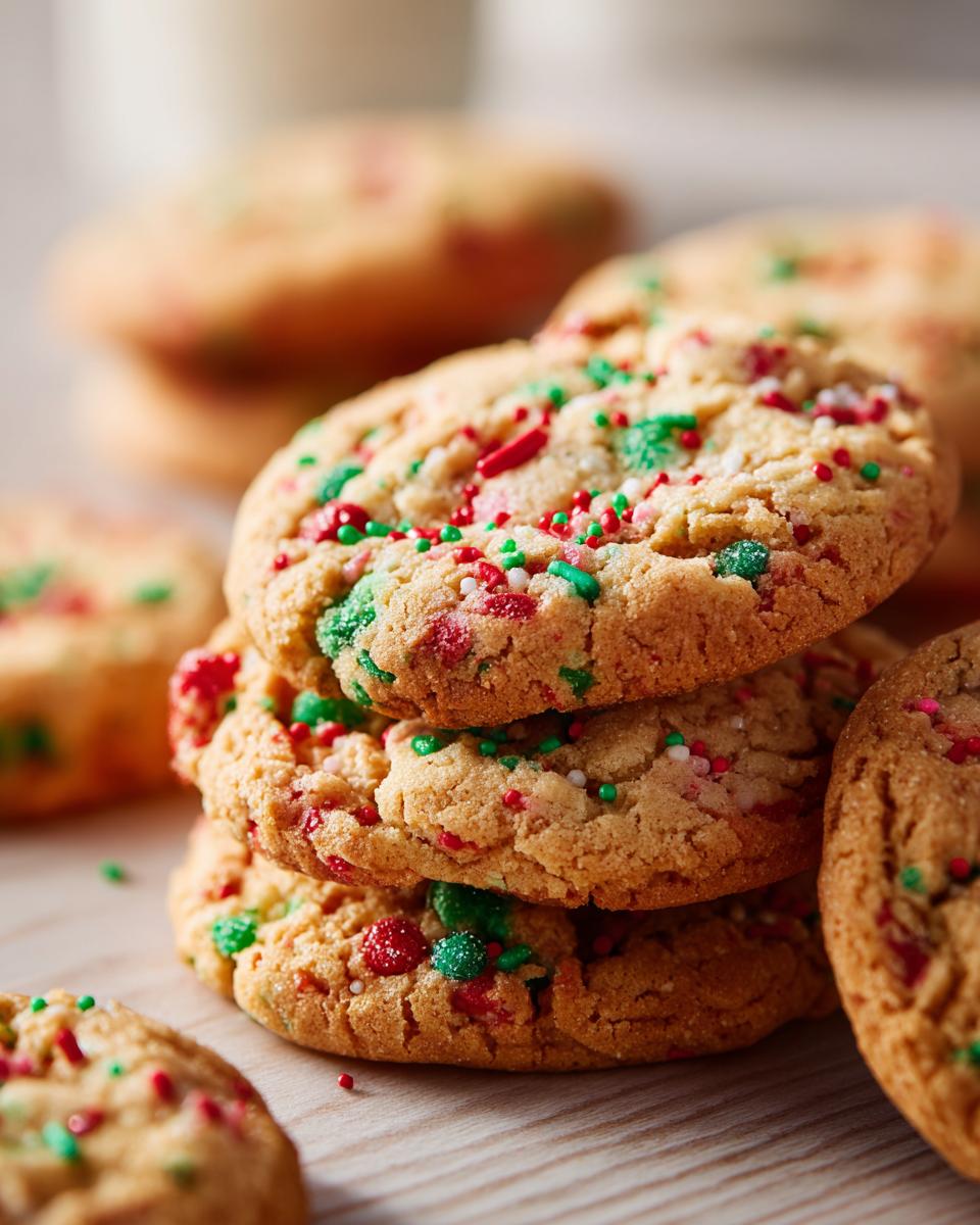 Close-up of a stack of Christmas Funfetti Cake Mix Cookies with colorful sprinkles.