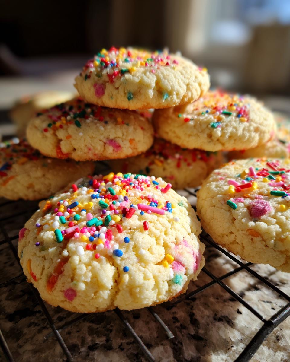 Pile of freshly baked Christmas Funfetti Cake Mix Cookies with colorful sprinkles on a cooling rack.