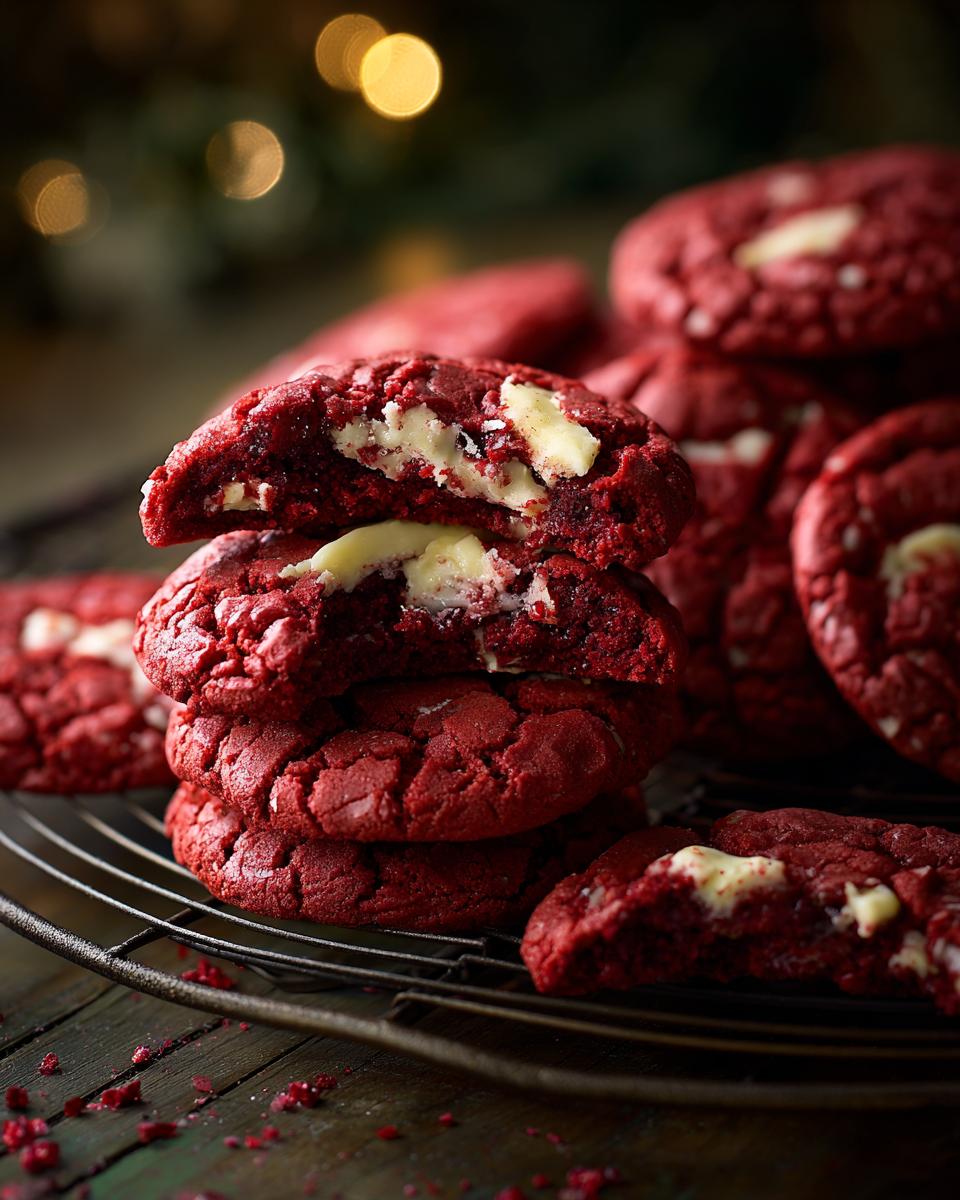 Close-up of a stack of Christmas Red Velvet Crinkle Cookies with white chocolate chips, showing a cut cookie.