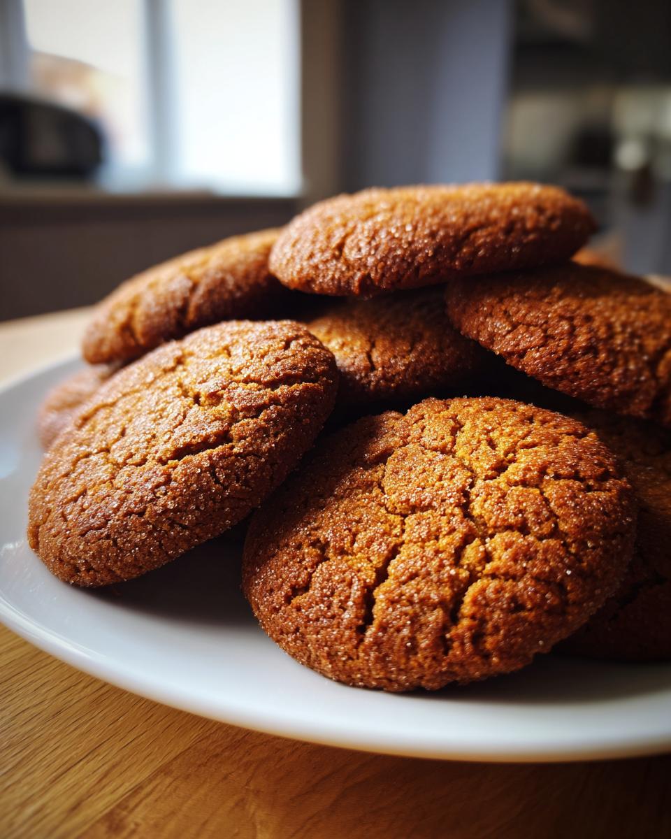 A close-up of a pile of Classic Gingerbread Cookies Soft & Chewy, glistening with sugar.
