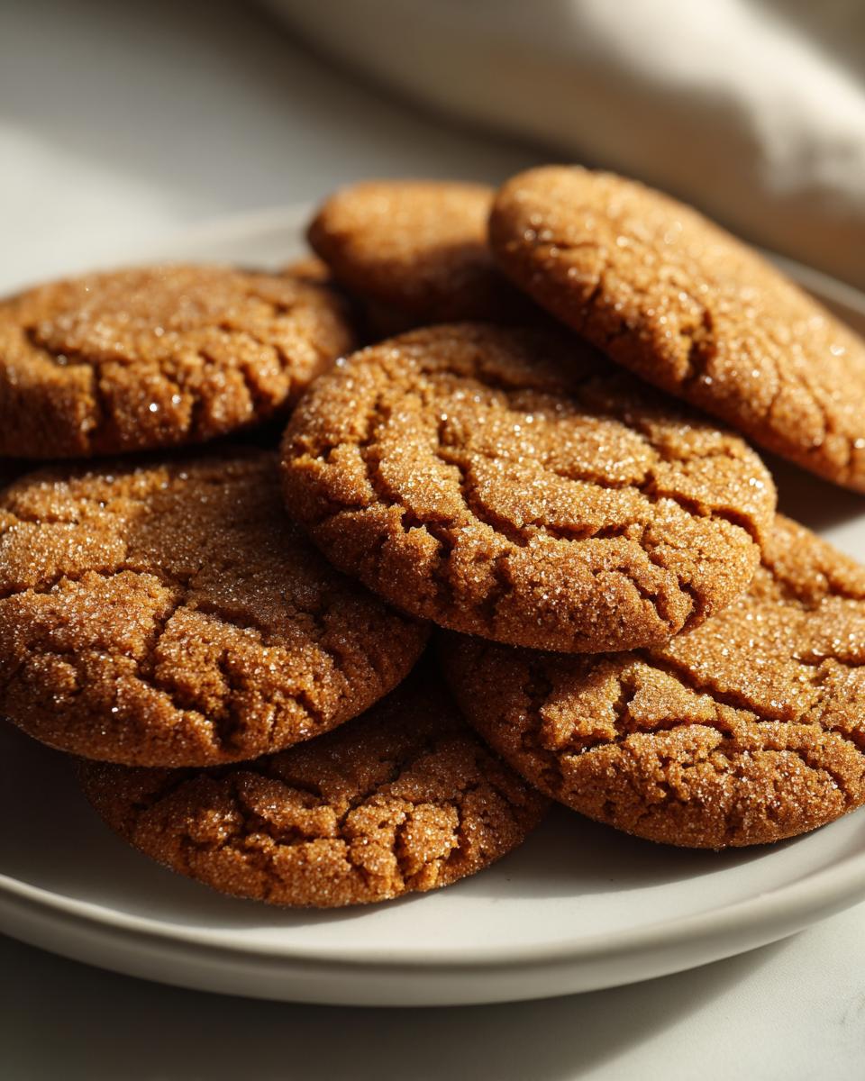 A close-up of a pile of Classic Gingerbread Cookies Soft & Chewy, dusted with sugar.