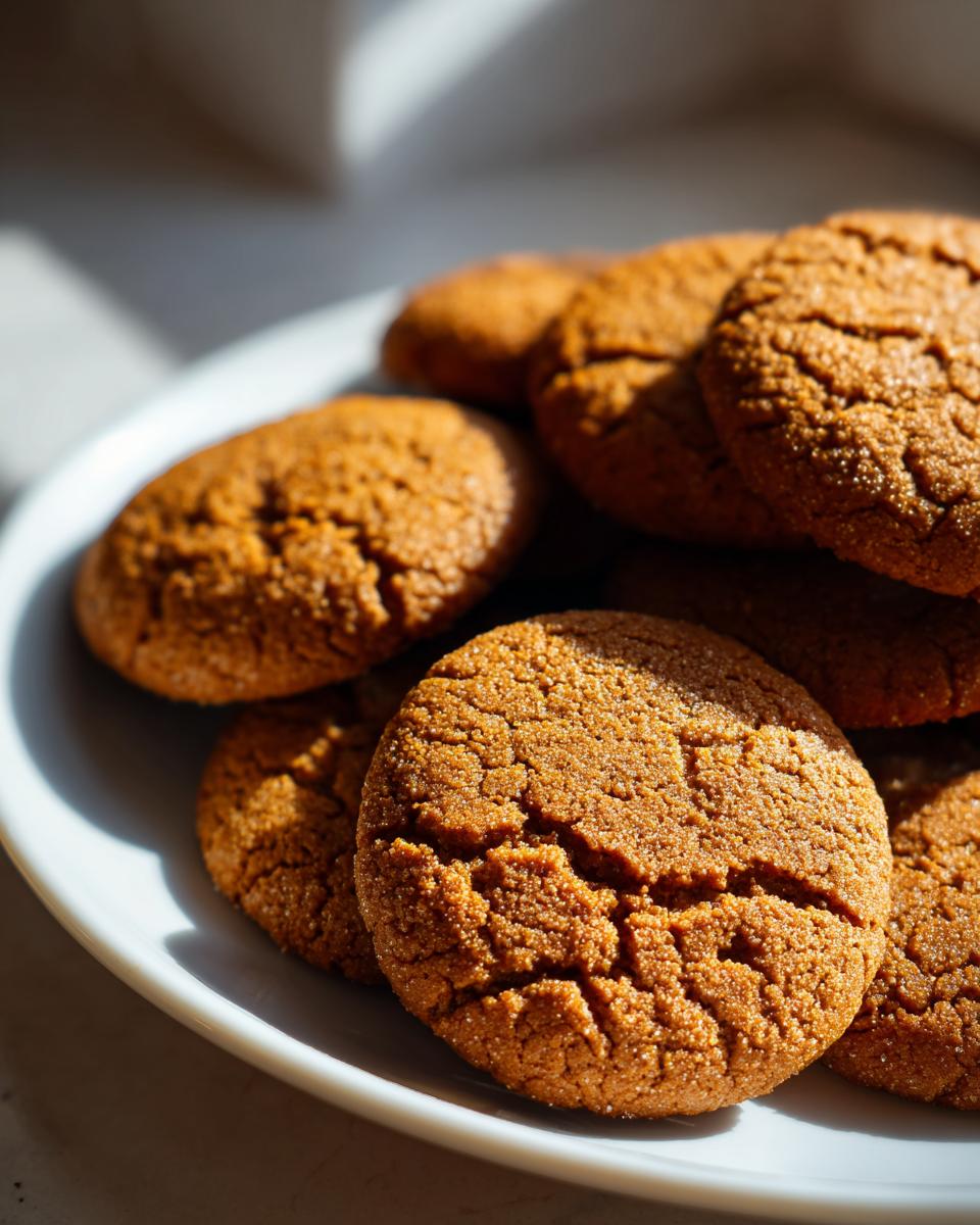 Close-up of a pile of Classic Gingerbread Cookies Soft & Chewy on a white plate, with sunlight casting shadows.