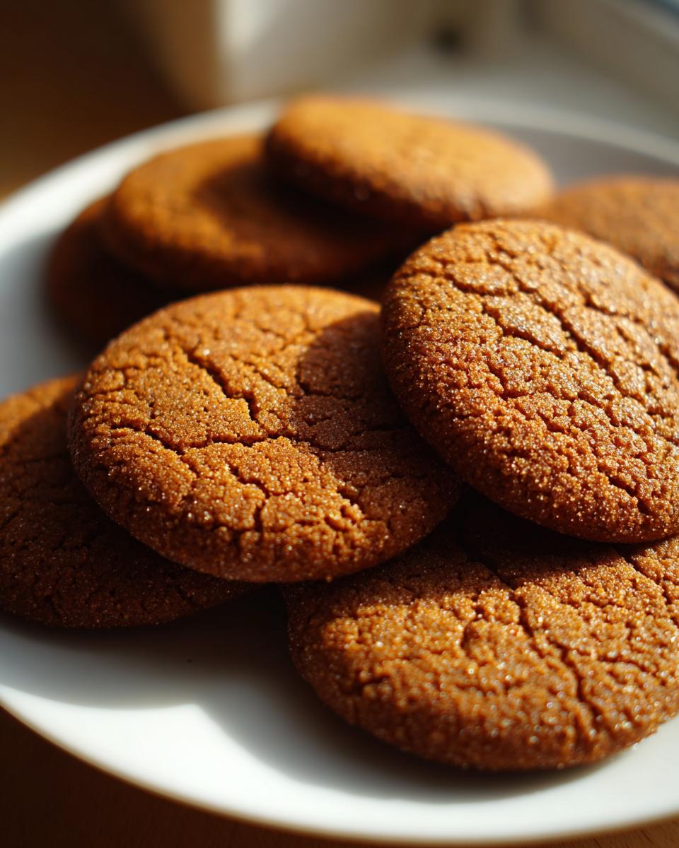 Close up of a pile of Classic Gingerbread Cookies Soft & Chewy on a white plate, showing their cracked tops and sugar coating.