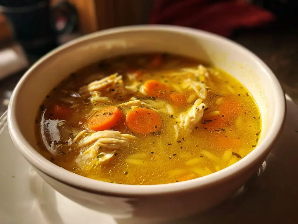 Close-up of a bowl of Cozy Lemon Chicken Orzo Soup with carrots and chicken.