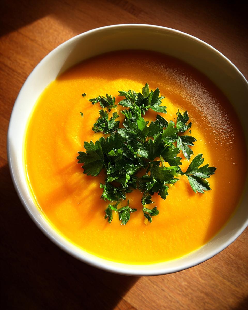 Overhead shot of a bowl of Cozy Pumpkin Soup garnished with fresh parsley.