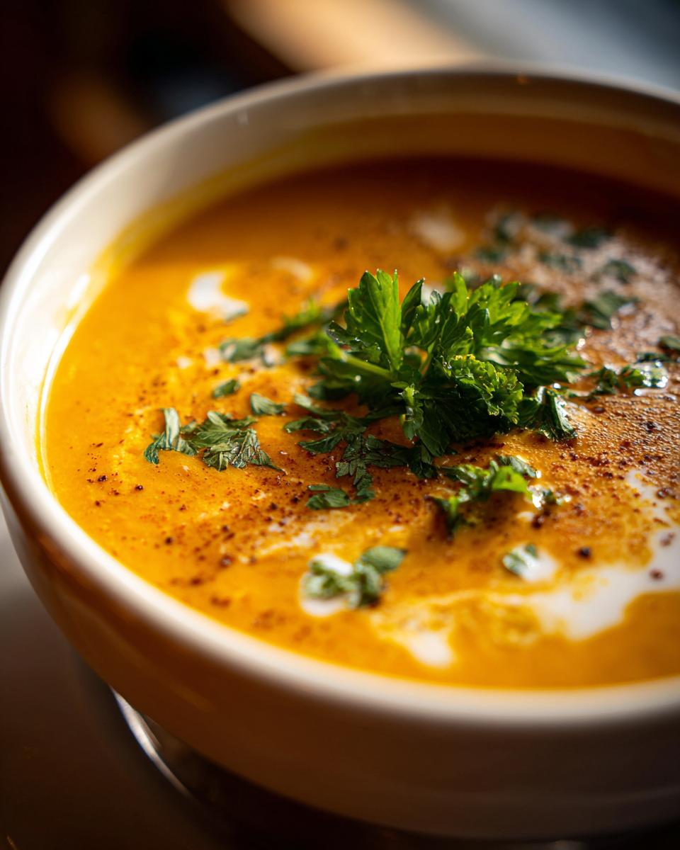 Close-up of a bowl of Cozy Pumpkin Soup, garnished with fresh herbs and a swirl of cream.