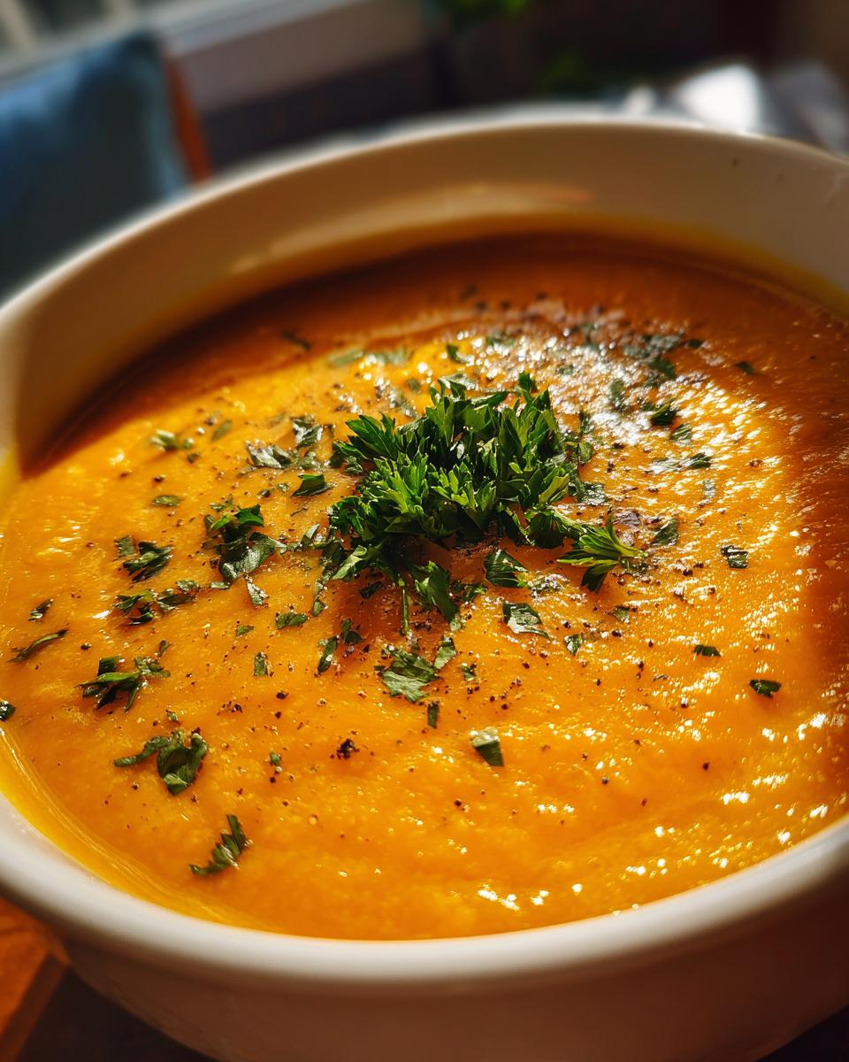 Close-up of a bowl of creamy Cozy Pumpkin Soup, garnished with fresh herbs and spices.