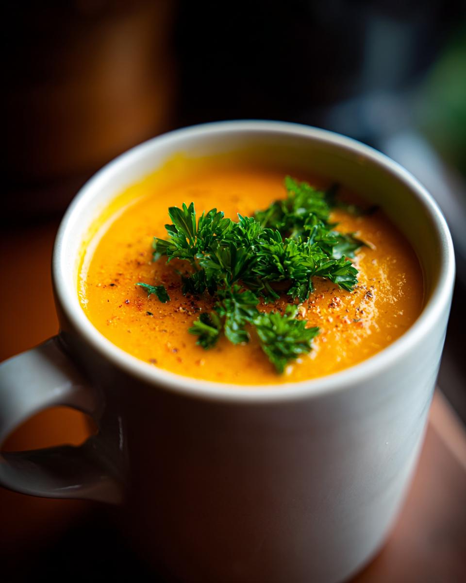 Close-up of a mug filled with creamy Cozy Pumpkin Soup, garnished with fresh parsley.