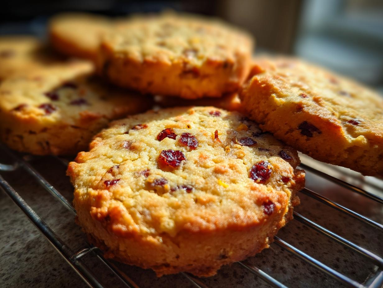 Close-up of golden Cranberry Orange Shortbread Cookies cooling on a wire rack, studded with dried cranberries and orange zest.