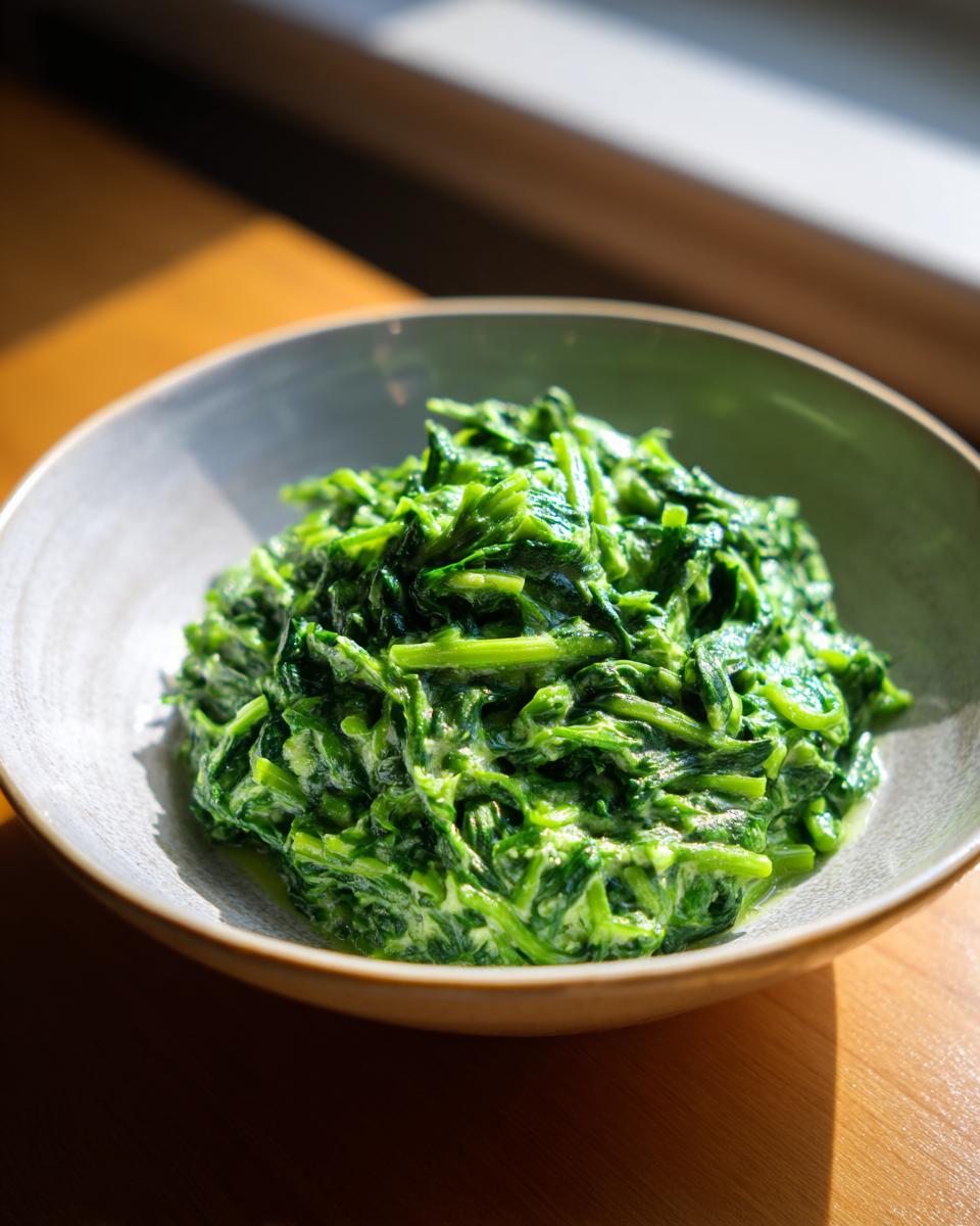 Close-up of a bowl of creamy, delicious Creamed Spinach.