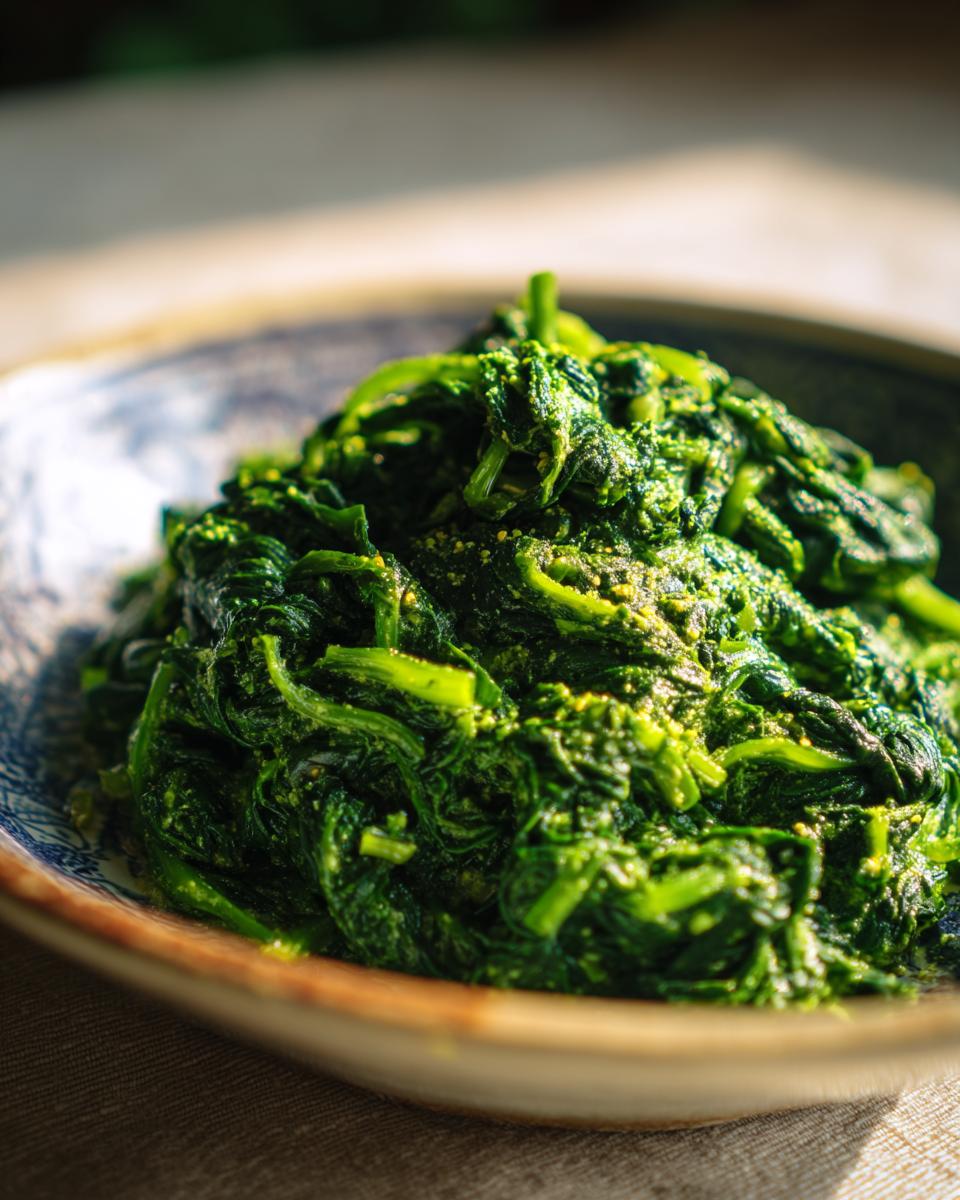 Close-up of a bowl of creamy, bright green Creamed Spinach, a delicious side dish.