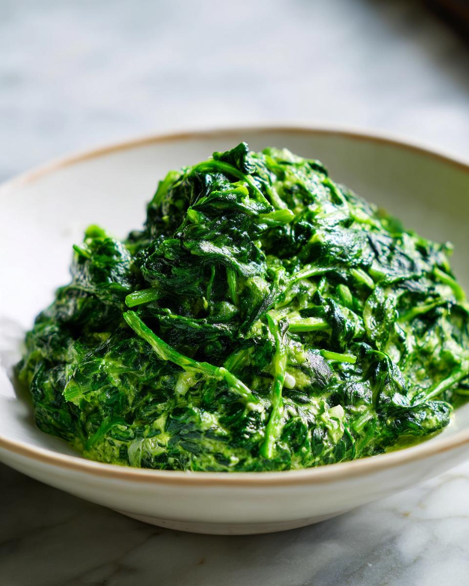 Close-up of a bowl of creamy, delicious Creamed Spinach, a classic side dish.