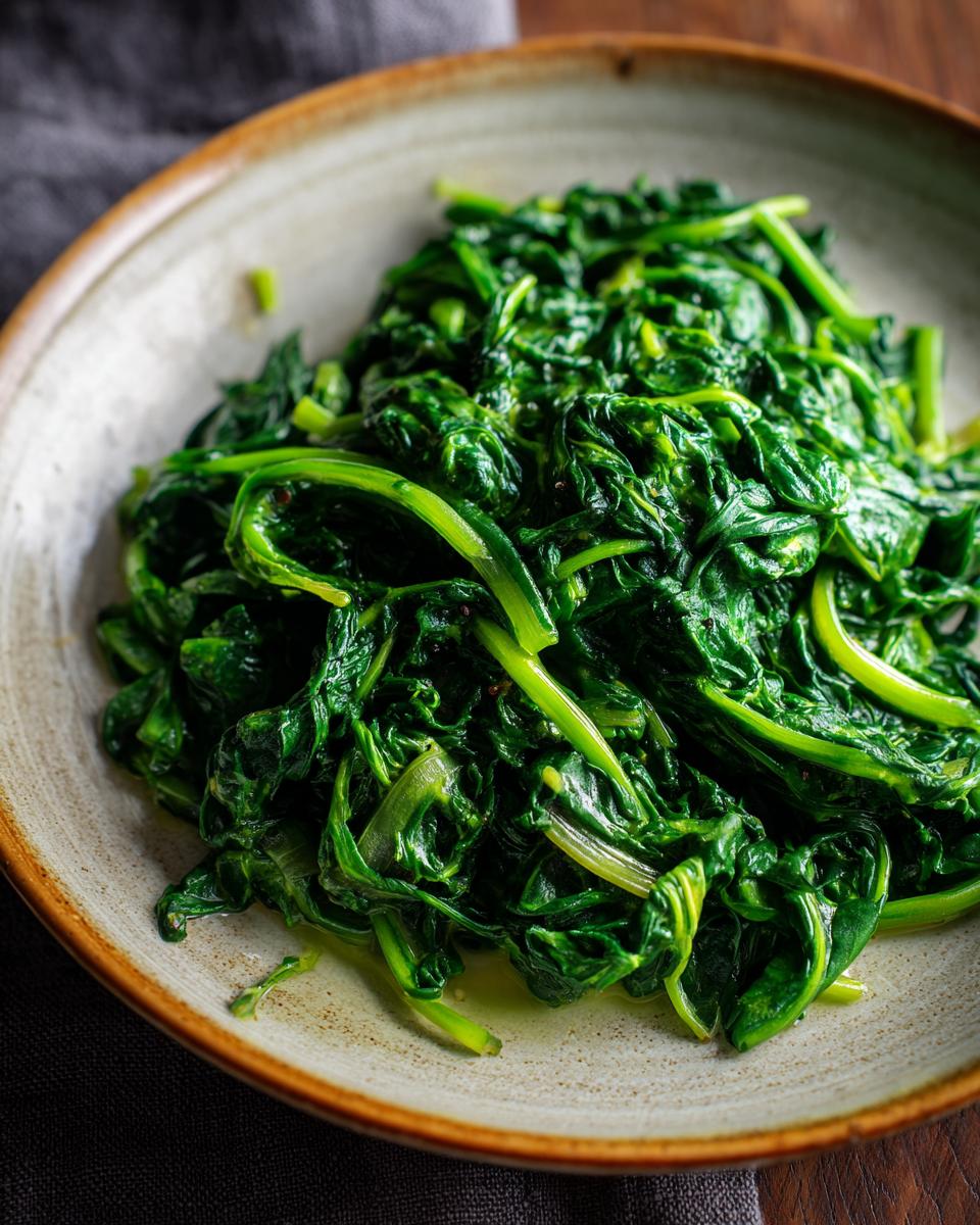Close-up of Creamed Spinach, a delicious side dish, served on a plate.