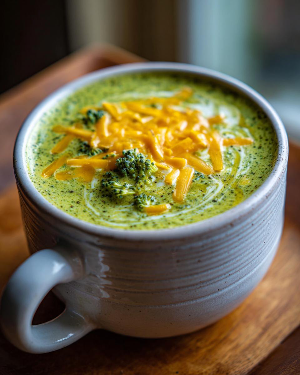 Close-up of a mug filled with Creamy Broccoli Cheddar Soup, topped with shredded cheddar cheese.