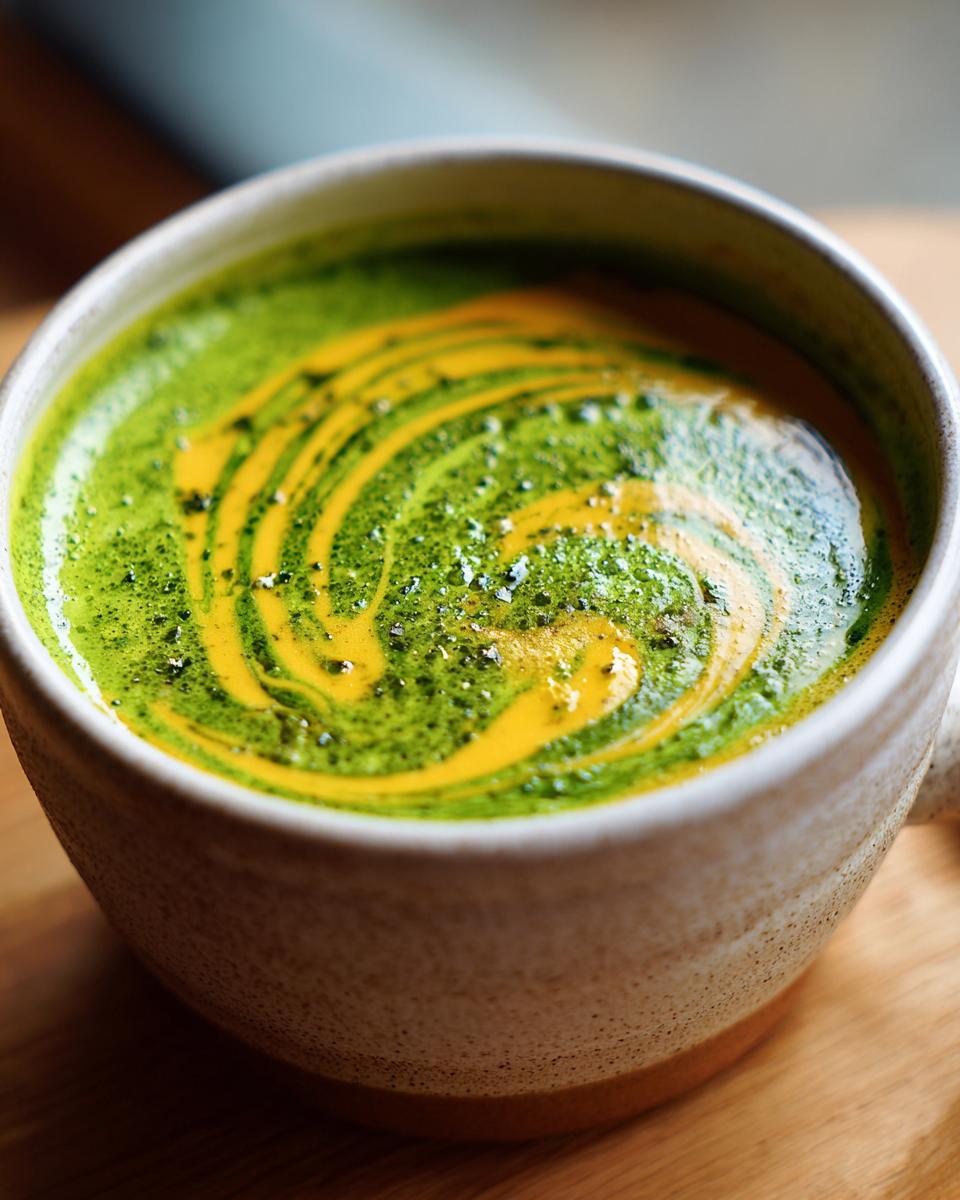 Close-up of a bowl of Creamy Broccoli Cheddar Soup with a swirl of yellow and green.